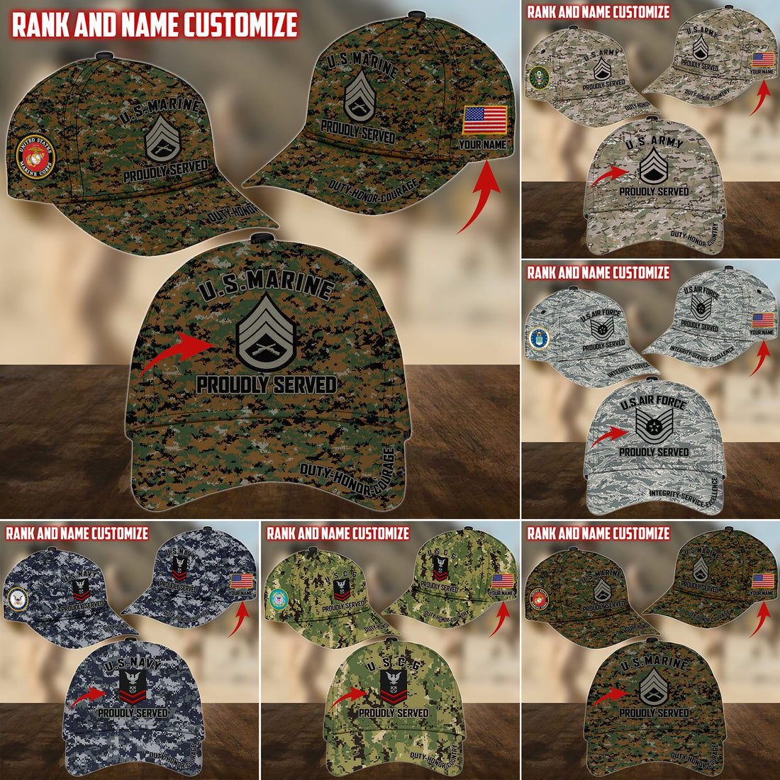 Personalized Name US Military Services Veteran Cap PVC191001