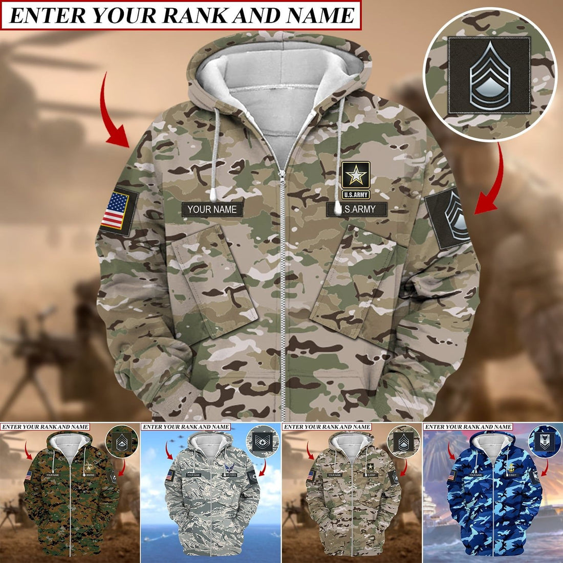 Personalized Premium Multiple US Military Services Veteran Zip Hoodie PVC221001