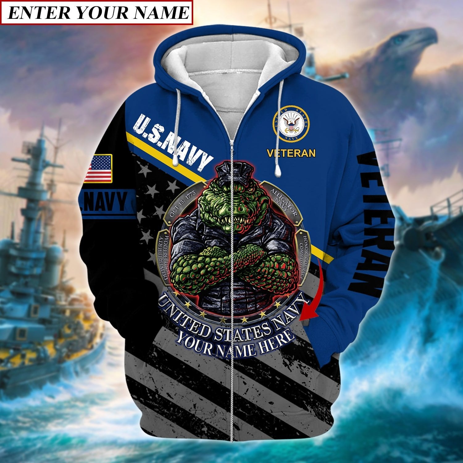 Personalized Unique Navy Amphibious Alligator Zip Hoodie & Cap Collection TVN021201