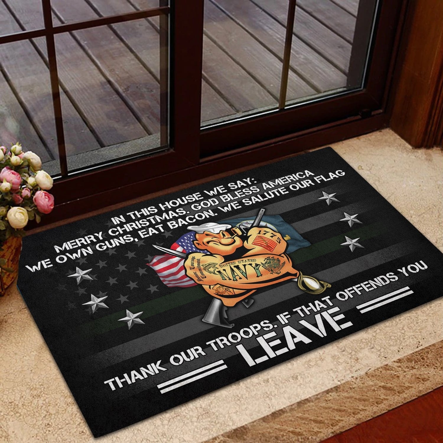 Unique Merry Christmas God Bless America US Veteran Doormat NPVC251003