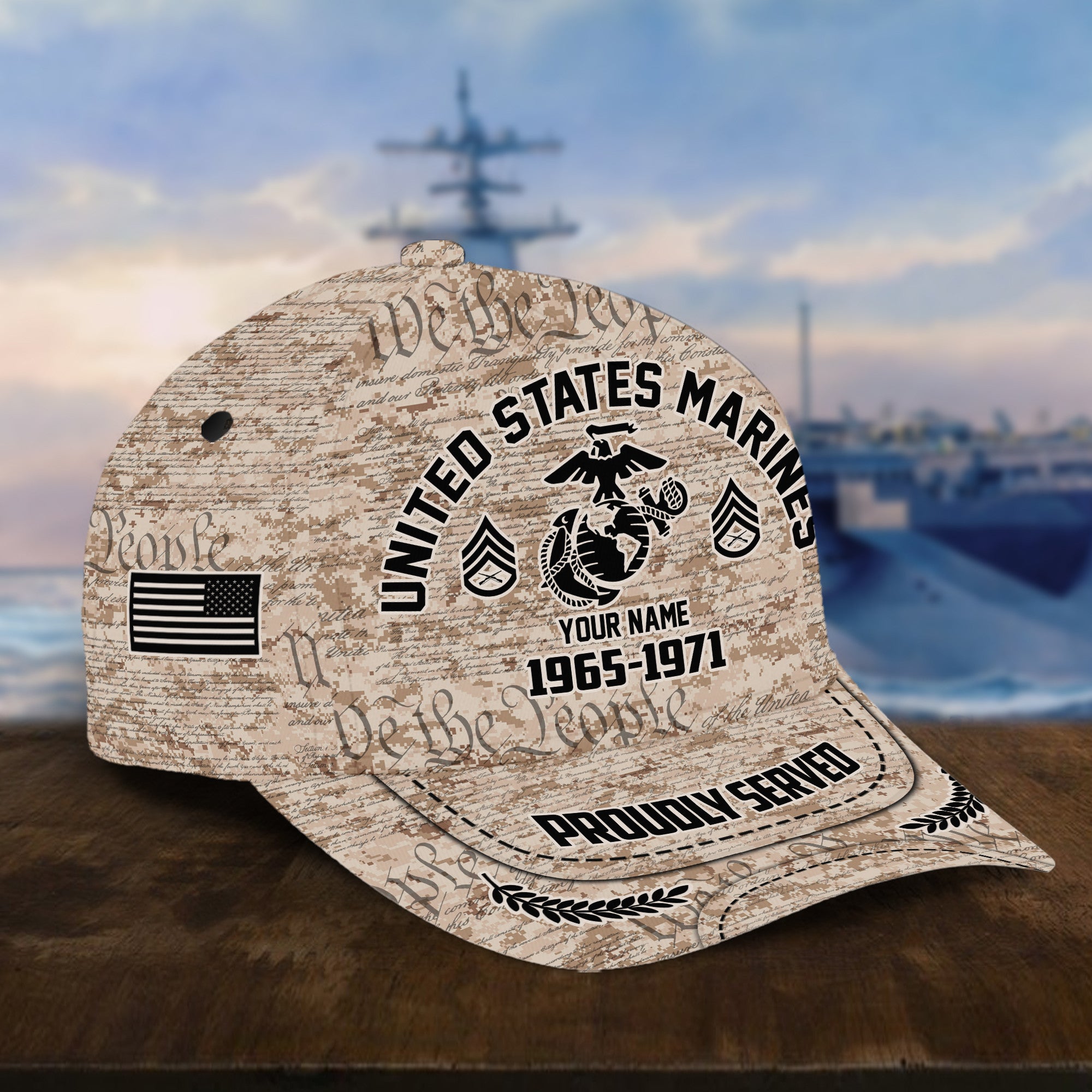Personalized Camo Combat US Marines Veteran Hat: Custom Military Rank Name Year and Ball Cap Printing VPVC001003