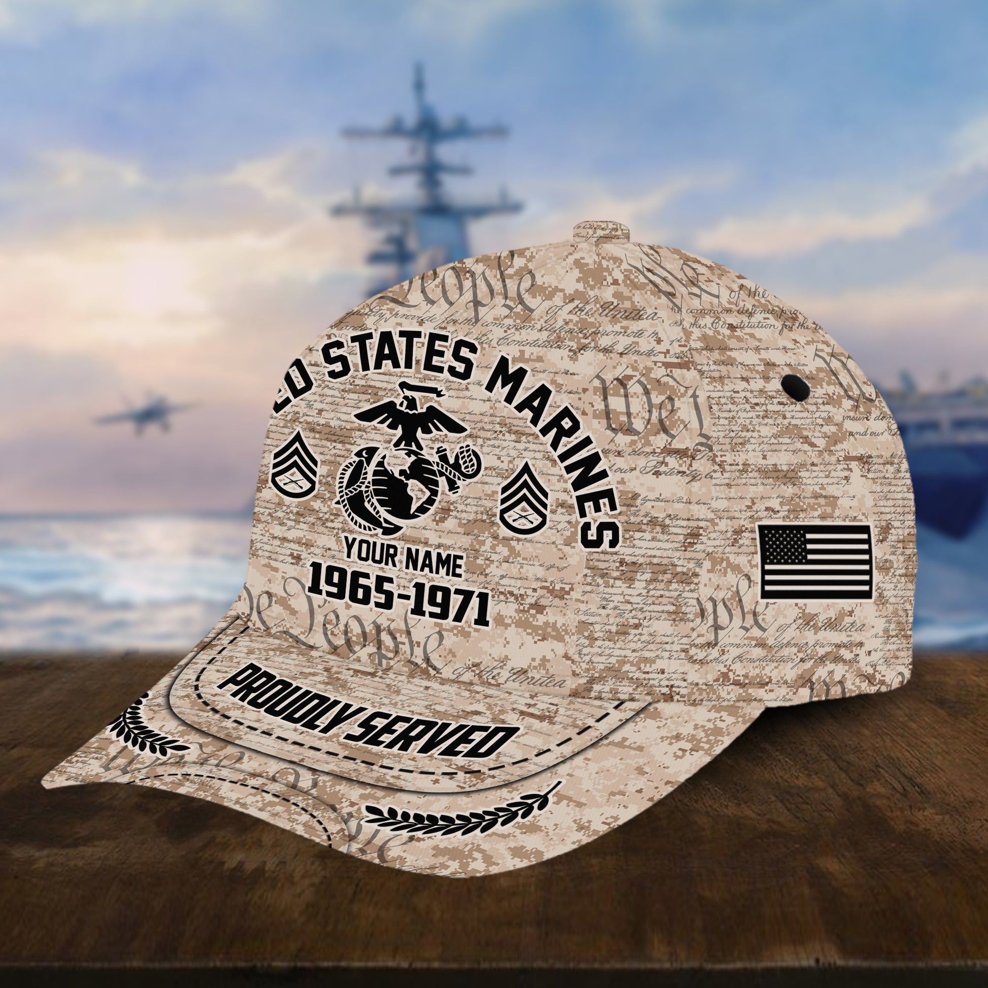 Personalized Camo Combat US Marines Veteran Hat: Custom Military Rank Name Year and Ball Cap Printing VPVC001003