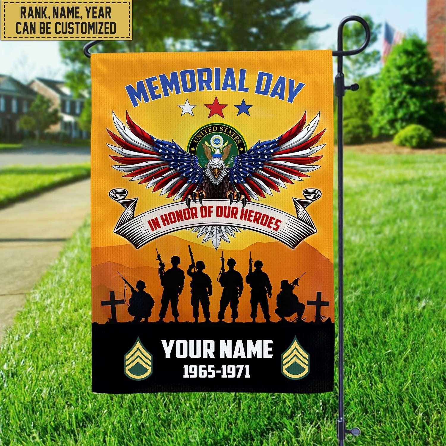 US Army Custom Name, Rank, Year American Flag, Veterans Day Gift, American Flag Gift For Him Military Gift Patriotic, Garden Flag - House Flag VPVC101901