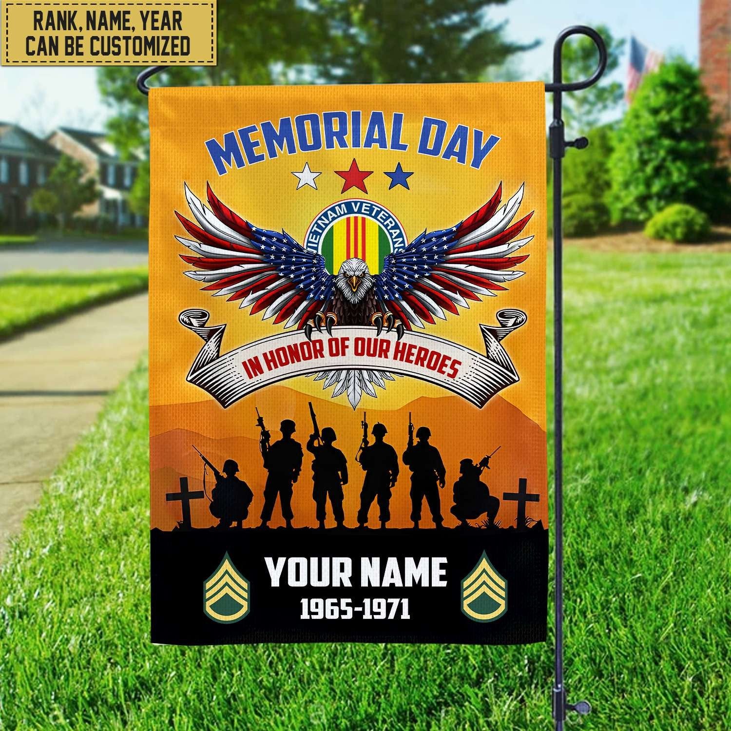 Premium Custom Name, Rank, Year American Flag, Veterans Day Gift, American Flag Gift For Him Military, Gift For Vietnam Veteran, Garden Flag - House Flag VPVC101906