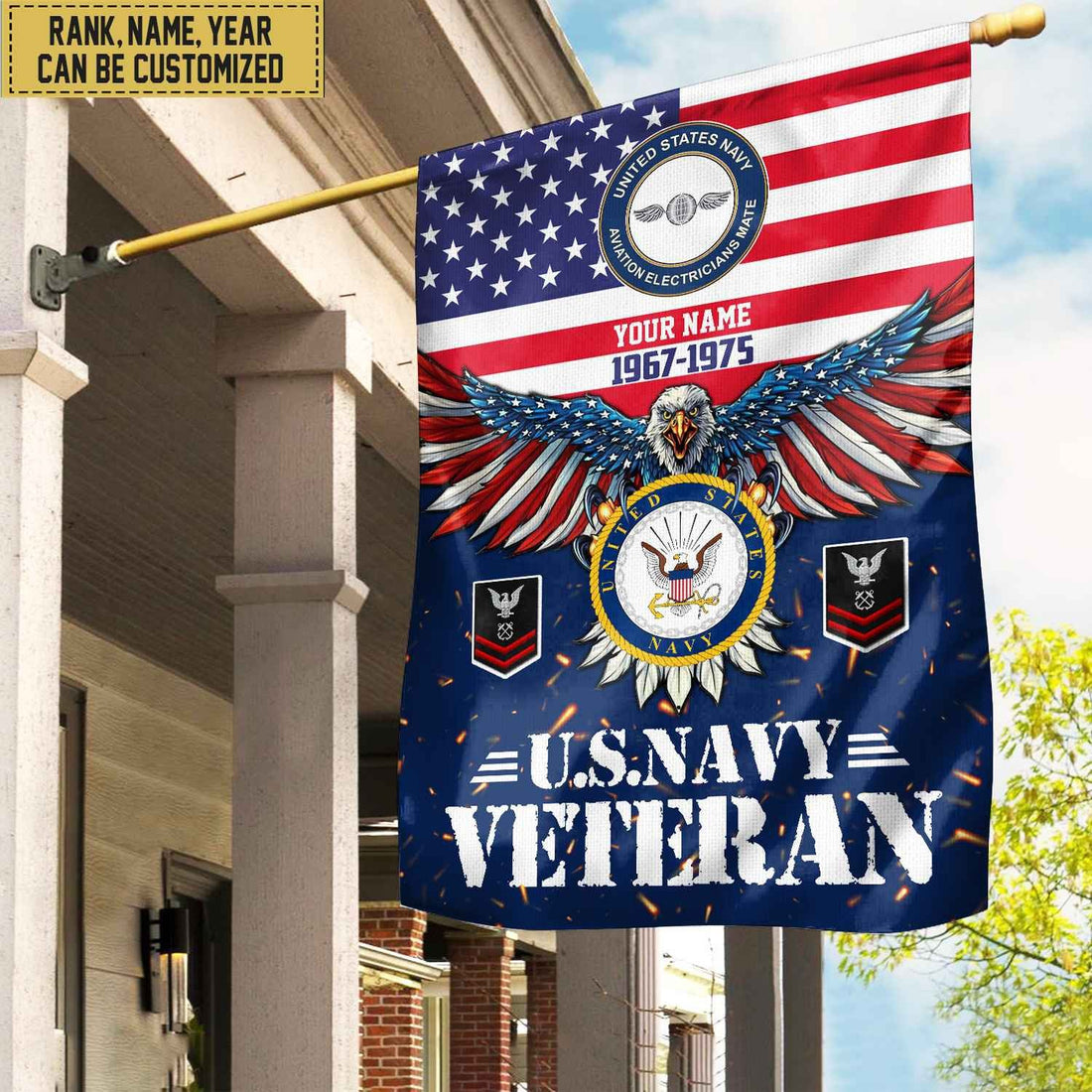US Navy Veteran Flag, Custom Name, Rank, Unit Gift For Navy Veteran Garden Flag - House Flag VPVC104402