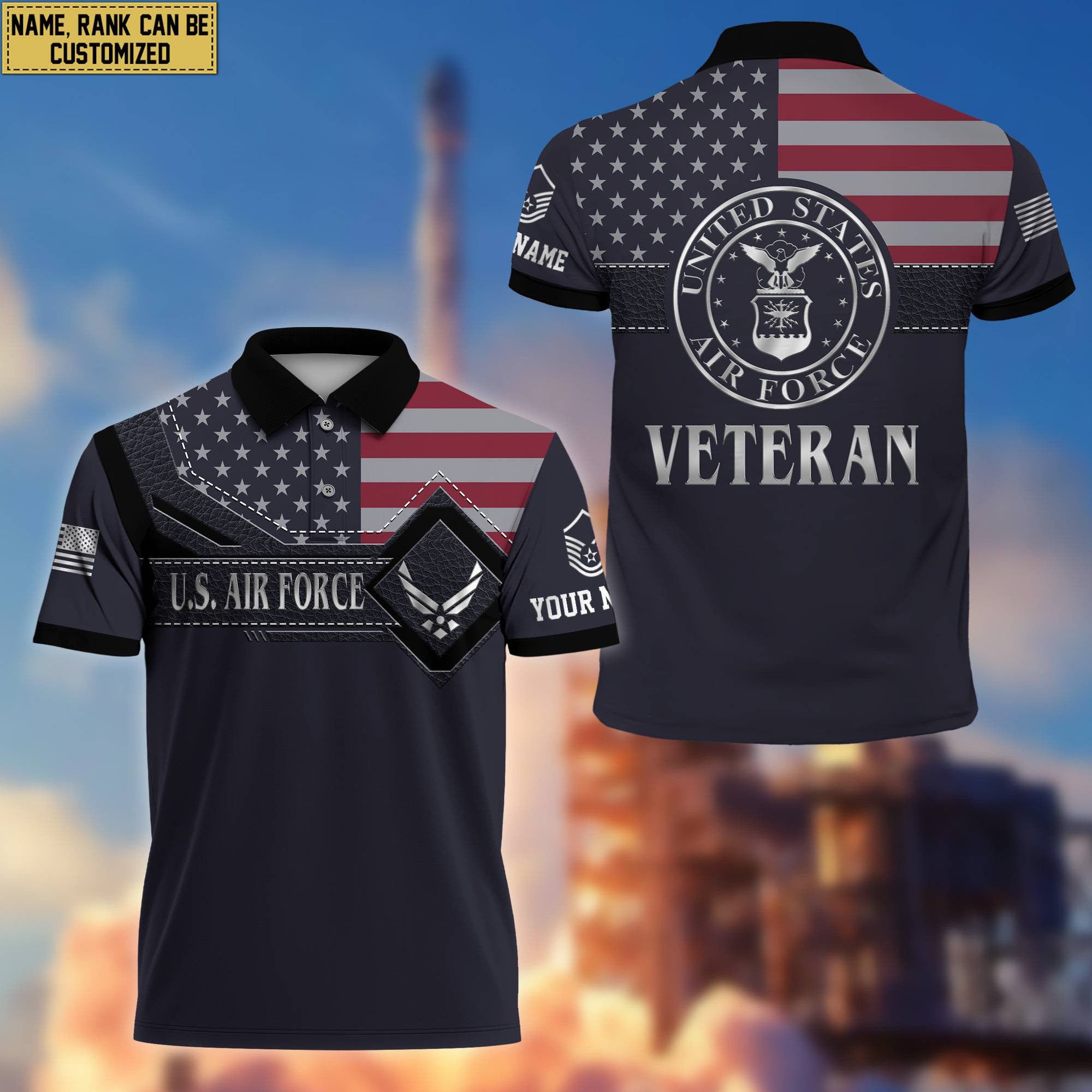USAF Polo Shirt, Custom Name, Rank, Gift For Air Force Veteran VPVC200004