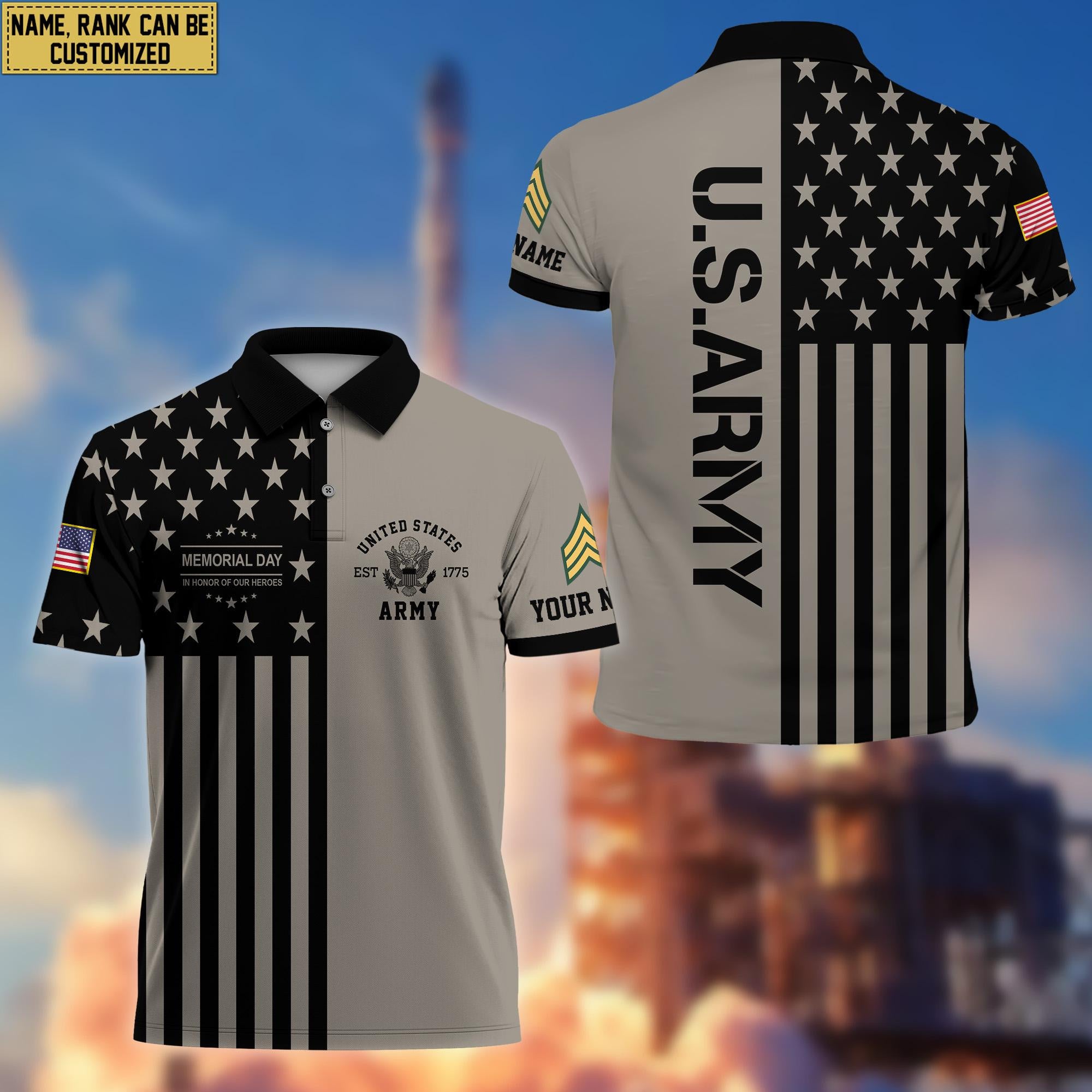 US Army Veteran Polo Shirt, Custom Name, Rank Gift For US Army Veteran VPVC200601