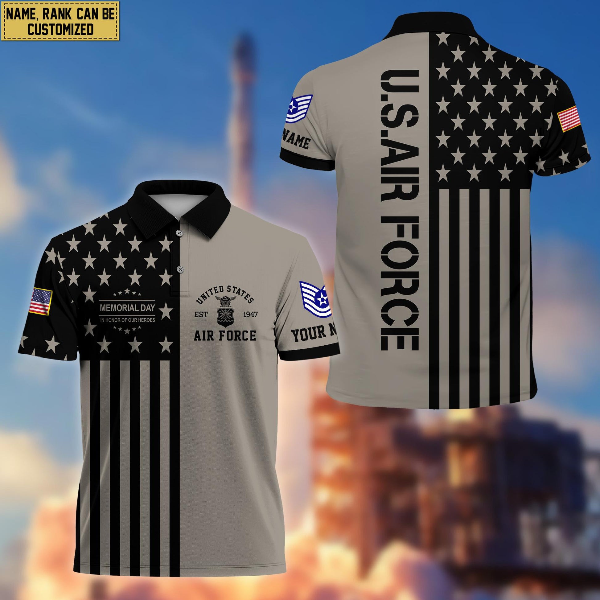 USAF Veteran Polo Shirt, Custom Name, Rank Gift For US Air Force Veteran VPVC200604