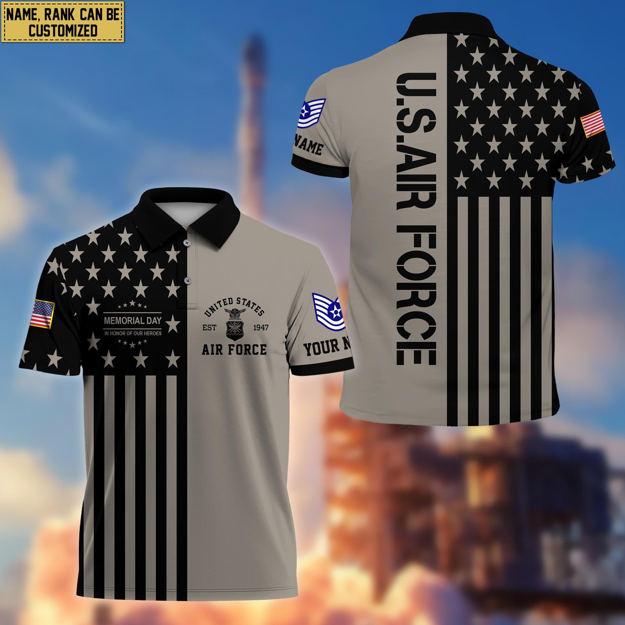 USAF Veteran Polo Shirt, Custom Name, Rank Gift For US Air Force Veteran VPVC200604