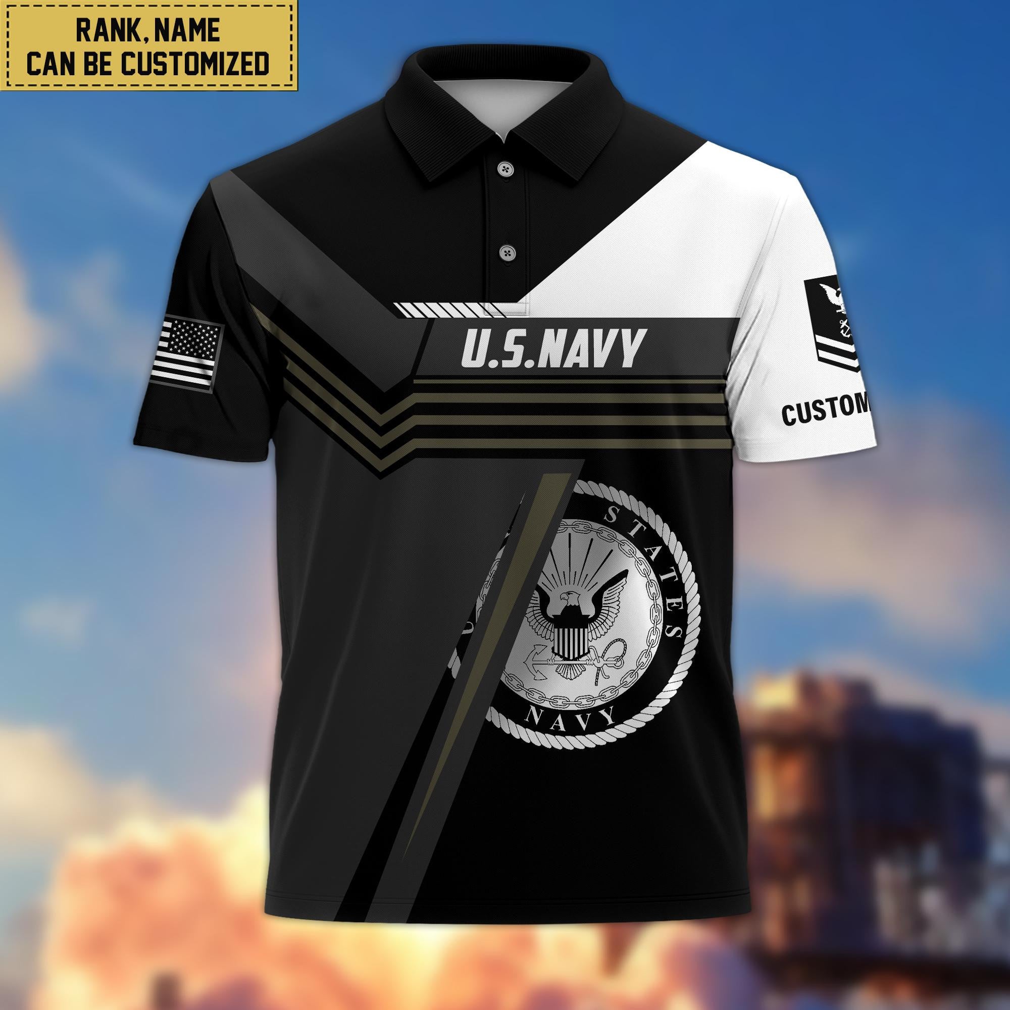 Custom US Navy Polo Shirt, Custom Name, Rank, Gift for Navy Veteran VPVC201802