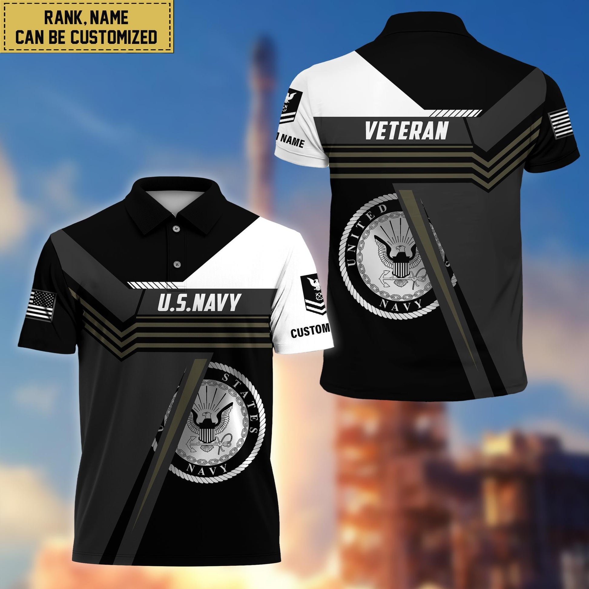 Custom US Navy Polo Shirt, Custom Name, Rank, Gift for Navy Veteran VPVC201802