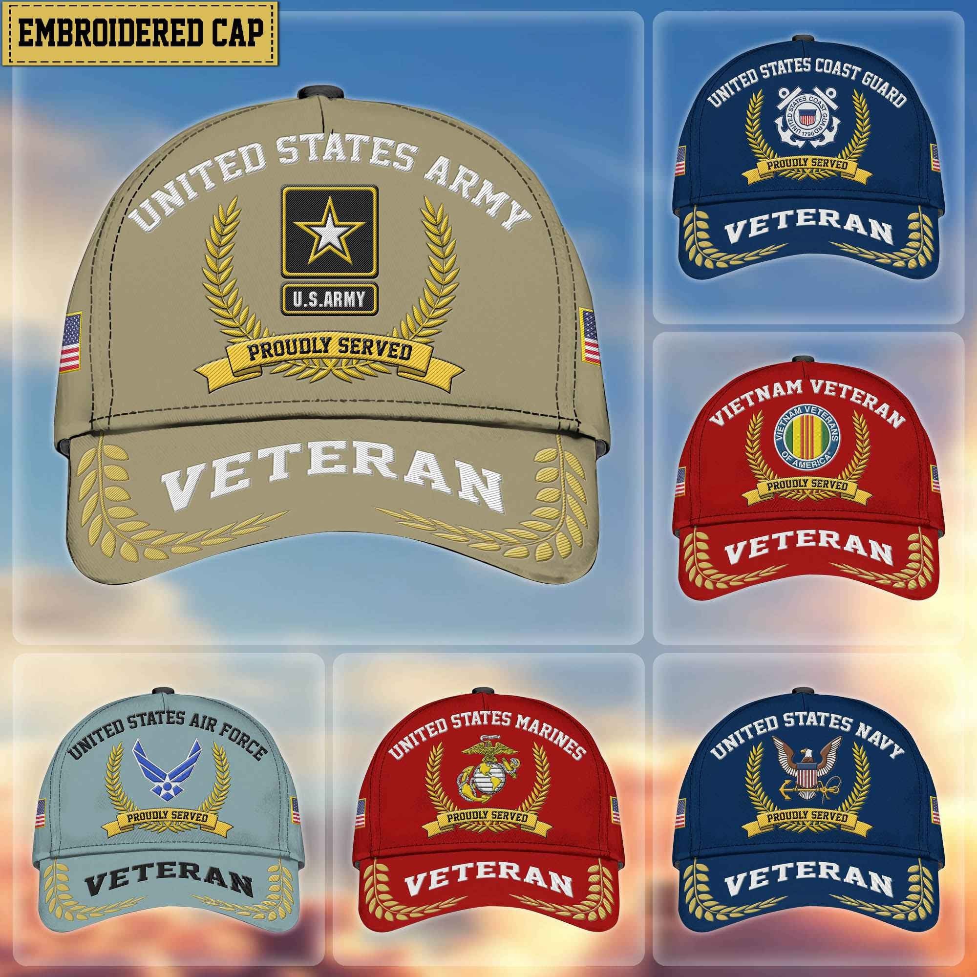 Premium US Veterans Embroidered Cap, Gift For Army Veteran, Navy Veteran, Marine Veteran, Air Force Veteran, Coast Guard Veteran, Vietnam Veteran APVC110602