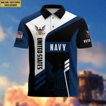 Unique Custom US Navy Polo Shirt, Custom Name, Rank, Gifts for Navy Veteran, Veterans Day, Father's Day VPVC203902