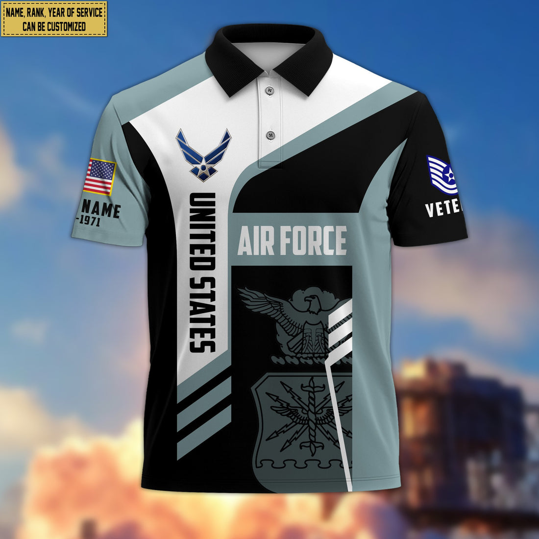 Unique Custom USAF Polo Shirt, Custom Name, Rank, Gifts for Air Force Veteran, Veterans Day, Father's Day VPVC203904