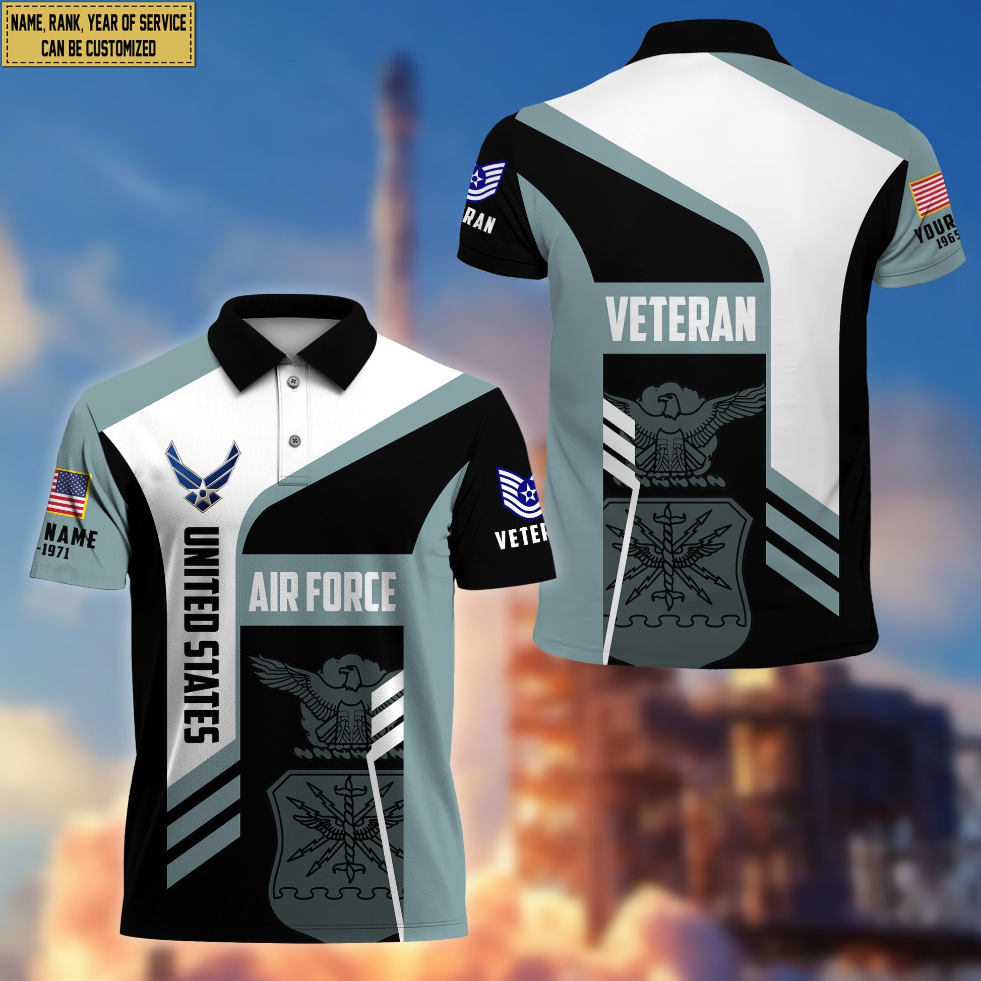 Unique Custom USAF Polo Shirt, Custom Name, Rank, Gifts for Air Force Veteran, Veterans Day, Father's Day VPVC203904