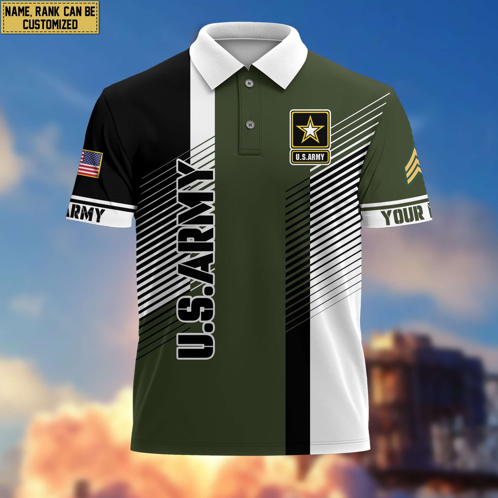 US Army Polo Shirt, Custom Name, Rank, Gift for Army Veteran, Veterans Day, Father's Day VPVC204101