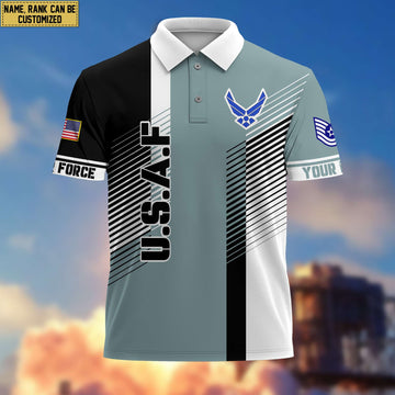 USAF Polo Shirt, Custom Name, Rank, Gift for Air Force Veteran, Veterans Day, Father's Day VPVC204104