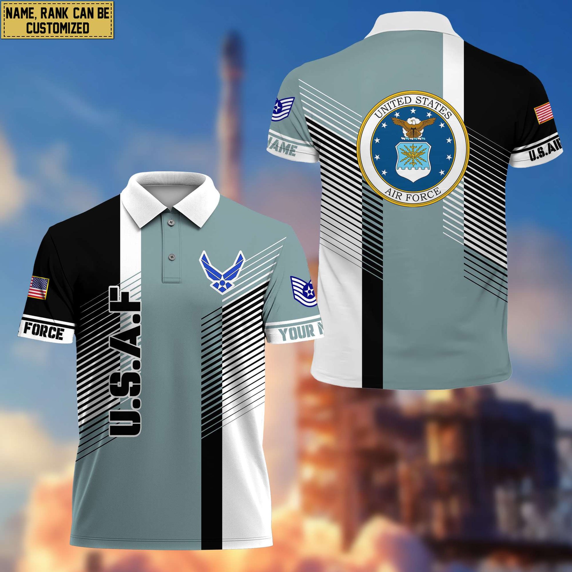 USAF Polo Shirt, Custom Name, Rank, Gift for Air Force Veteran, Veterans Day, Father's Day VPVC204104