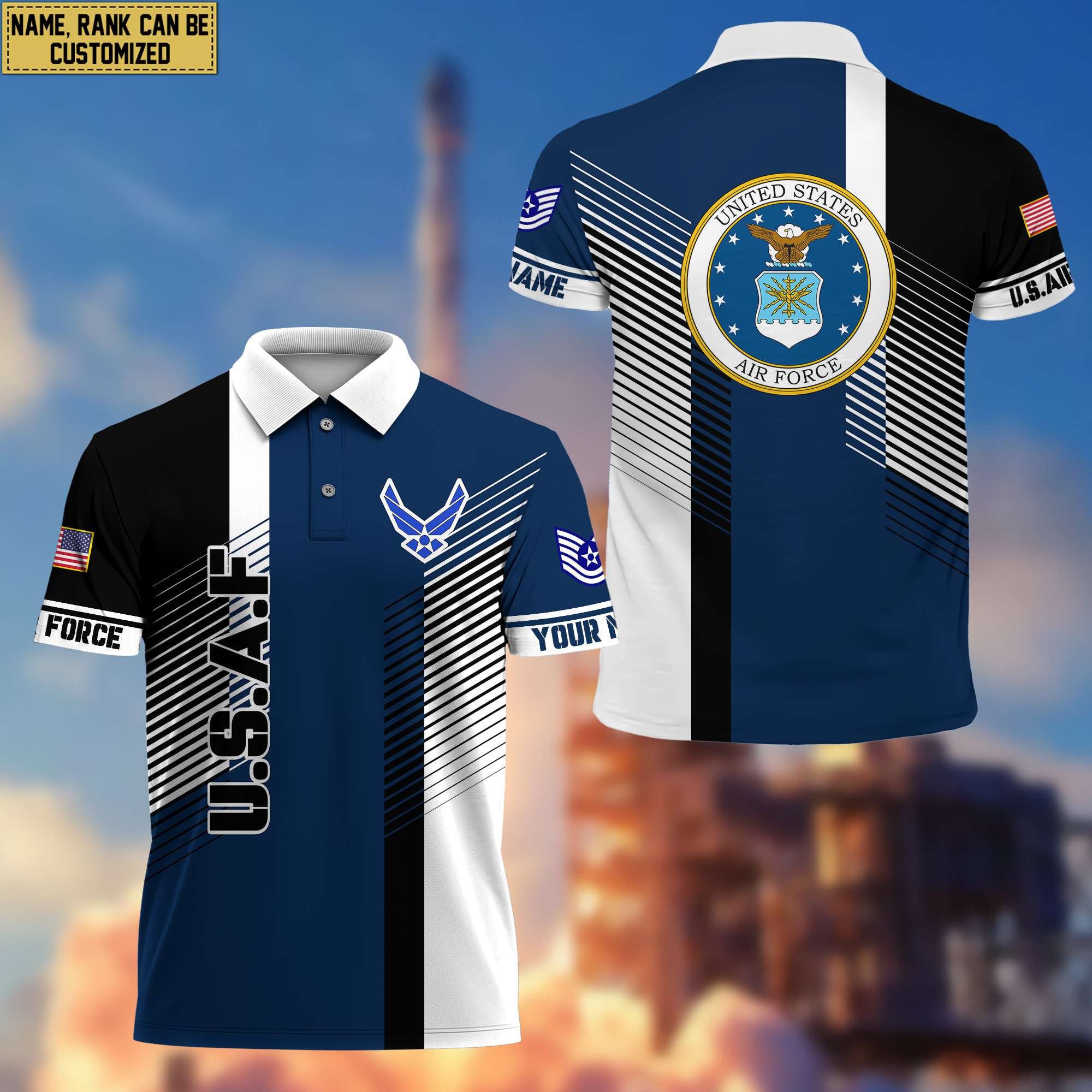 USAF Polo Shirt, Custom Name, Rank, Gift for Air Force Veteran, Veterans Day, Father's Day VPVC204104