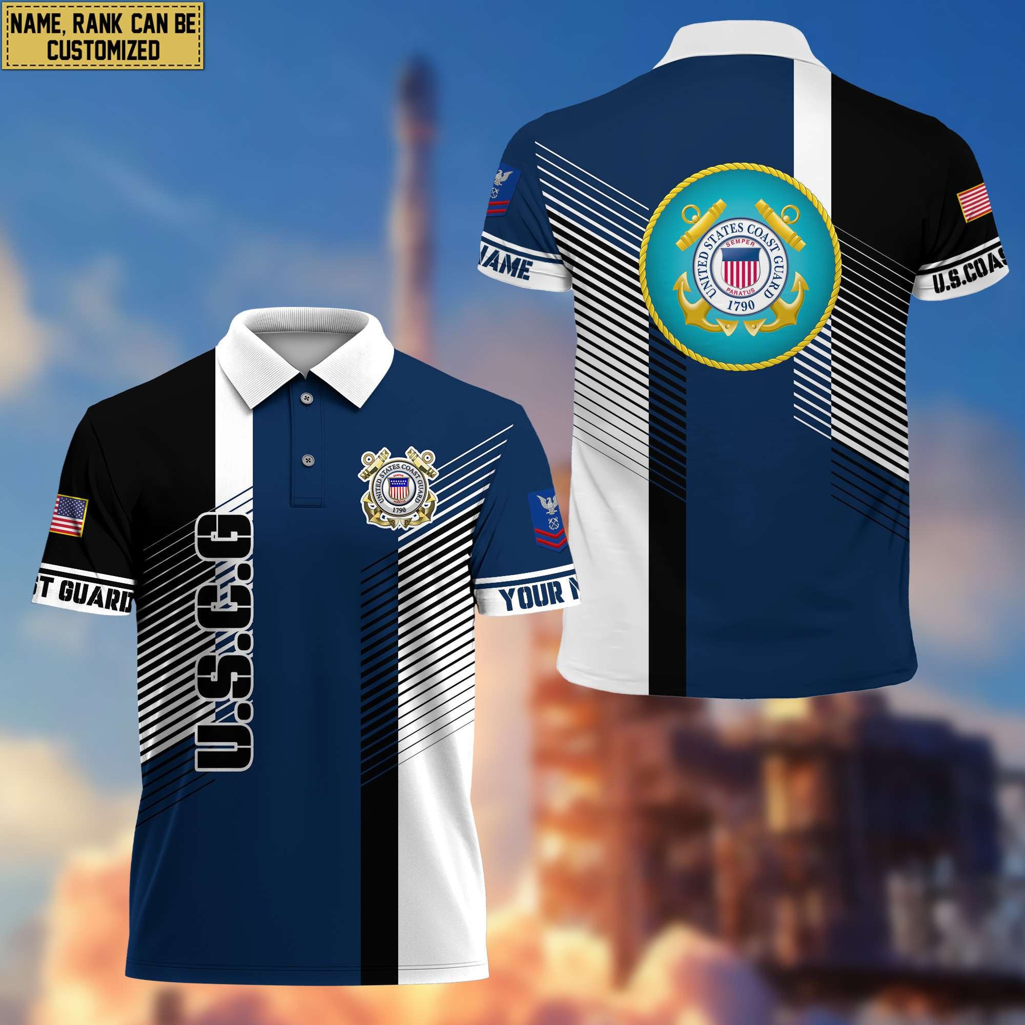 USCG Polo Shirt, Custom Name, Rank, Gift for Coast Guard Veteran, Veterans Day, Father's Day VPVC204105
