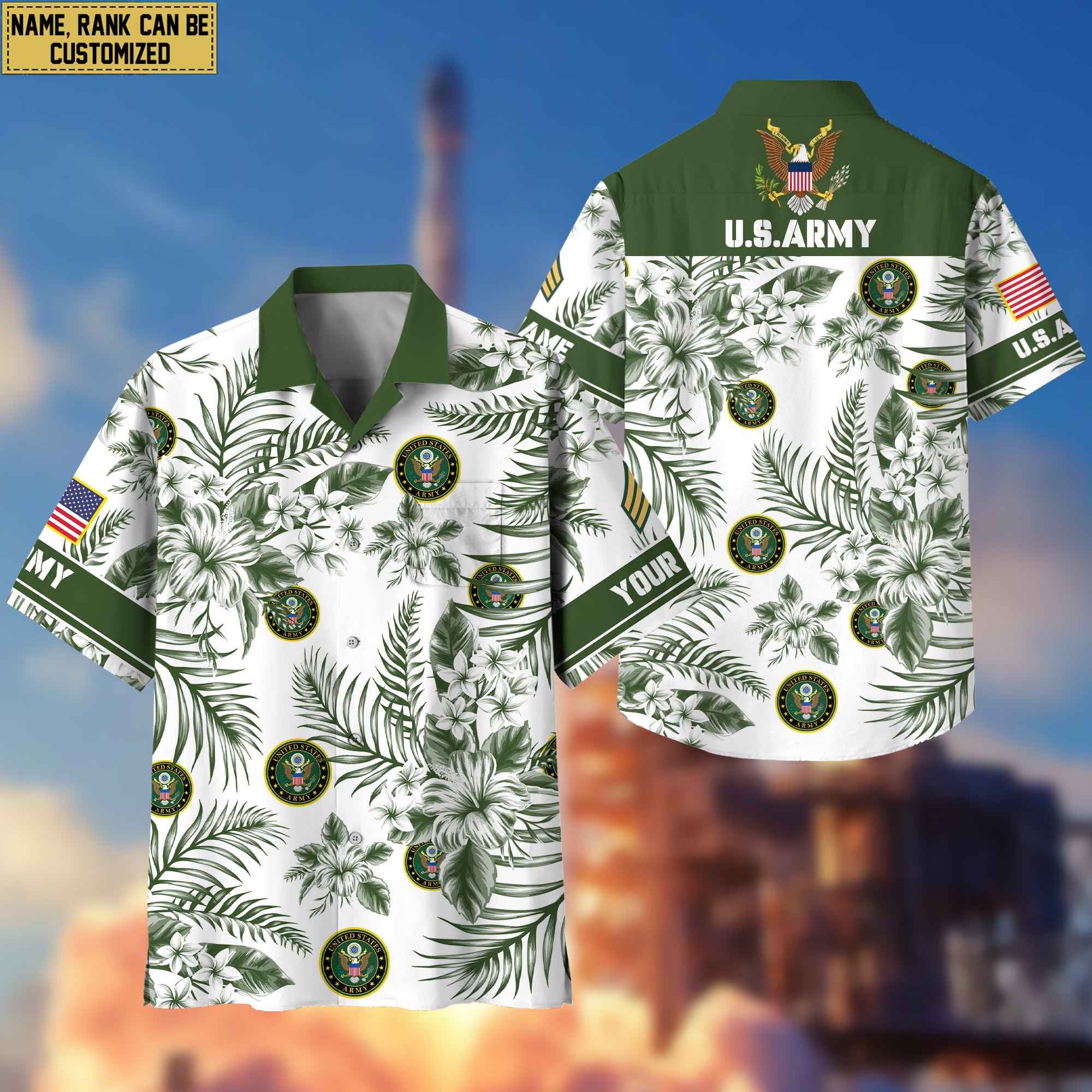 Custom Rank, Name, US Army Hawaii Shirt With Pocket, Gifts For Dad, For Husband Army Veteran VPVC400601