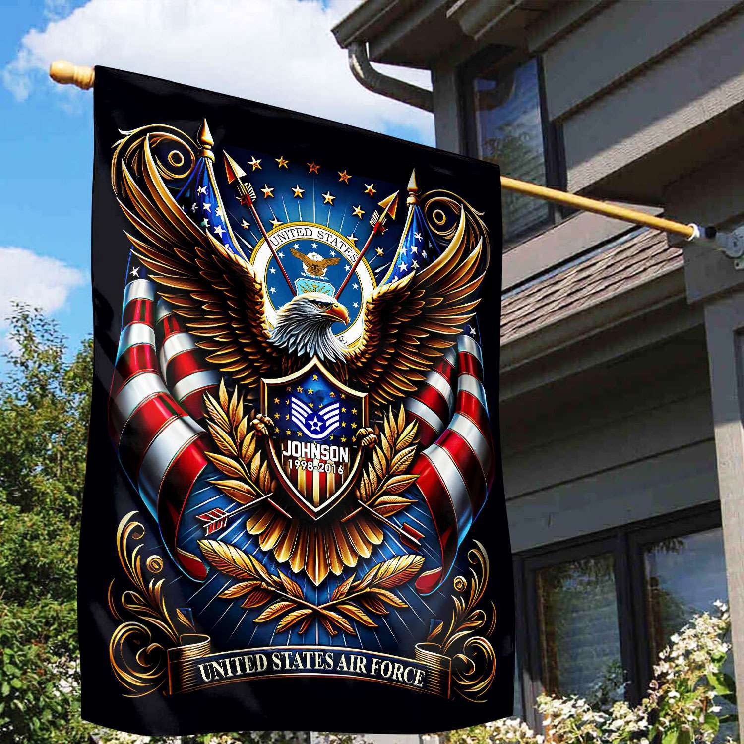 USAF Flag VPVC110404, Custom Name, Rank, Year, Gift For Air Force Veteran, American Flag, Patriotic Flag, Garden Flag, House Flag, Best Gifts On Father's Day, Independence Day, Veterans Day.