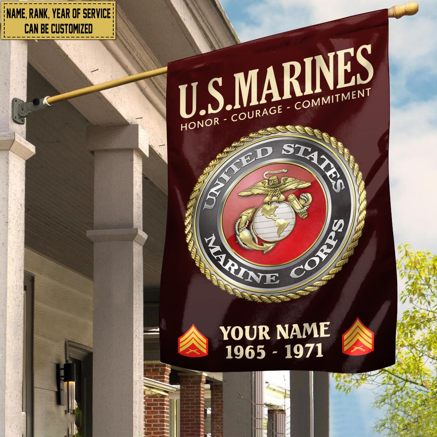USMC Flag VPVC112203, Custom Name, Rank, Year, Gift For Marine Veteran, American Flag, Patriotic Flag, Garden Flag, House Flag