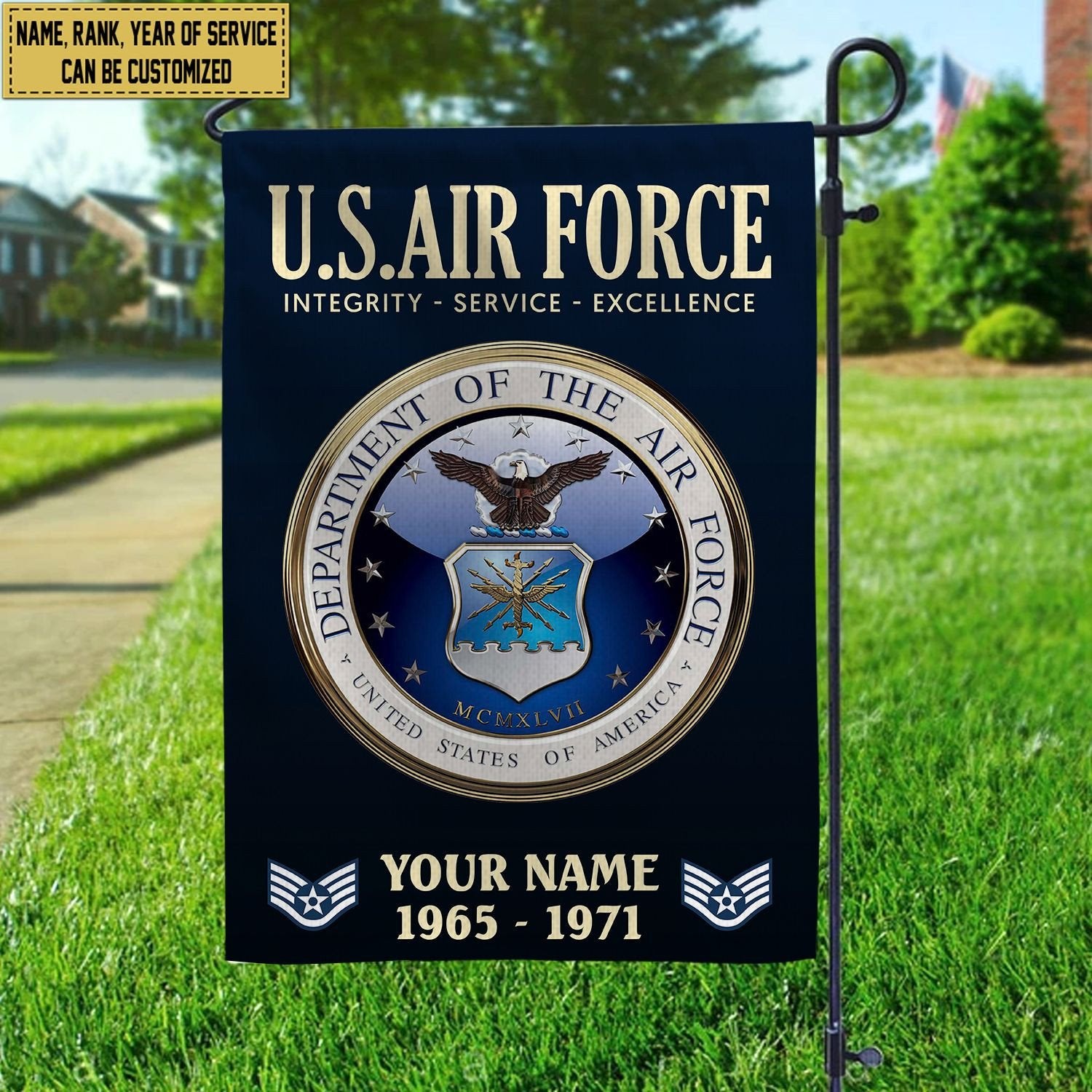 USAF Flag VPVC112212, Custom Name, Rank, Year, Gift For Air Force Veteran, American Flag, Patriotic Flag, Garden Flag, House Flag