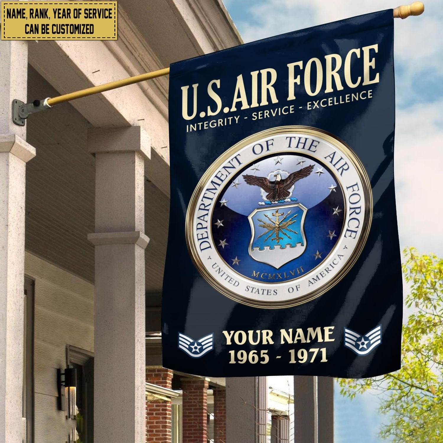 USAF Flag VPVC112212, Custom Name, Rank, Year, Gift For Air Force Veteran, American Flag, Patriotic Flag, Garden Flag, House Flag