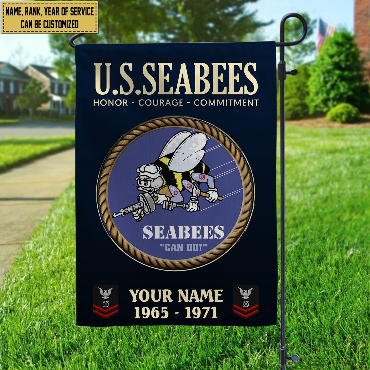 US Seabees Veteran Flag VPVC112209, Custom Name, Rank, Year, Gift For Seabees Veteran, American Flag, Patriotic Flag, Garden Flag, House Flag