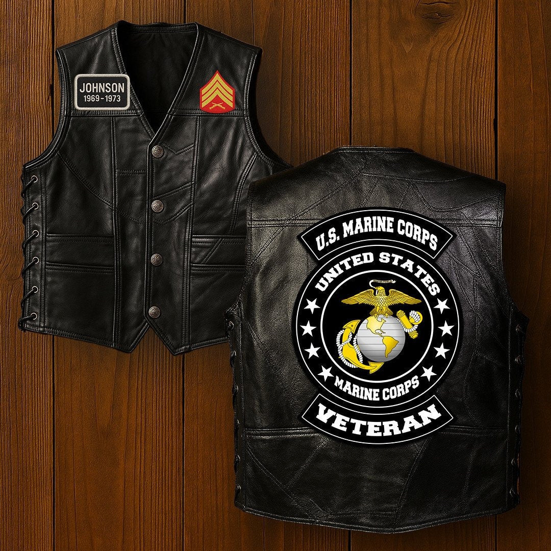Premium USMC Veterans Custom Leather Motor Vest VPVC702103, Gifts For Marine Veteran, Gifts On Father's Day, Veterans Day.