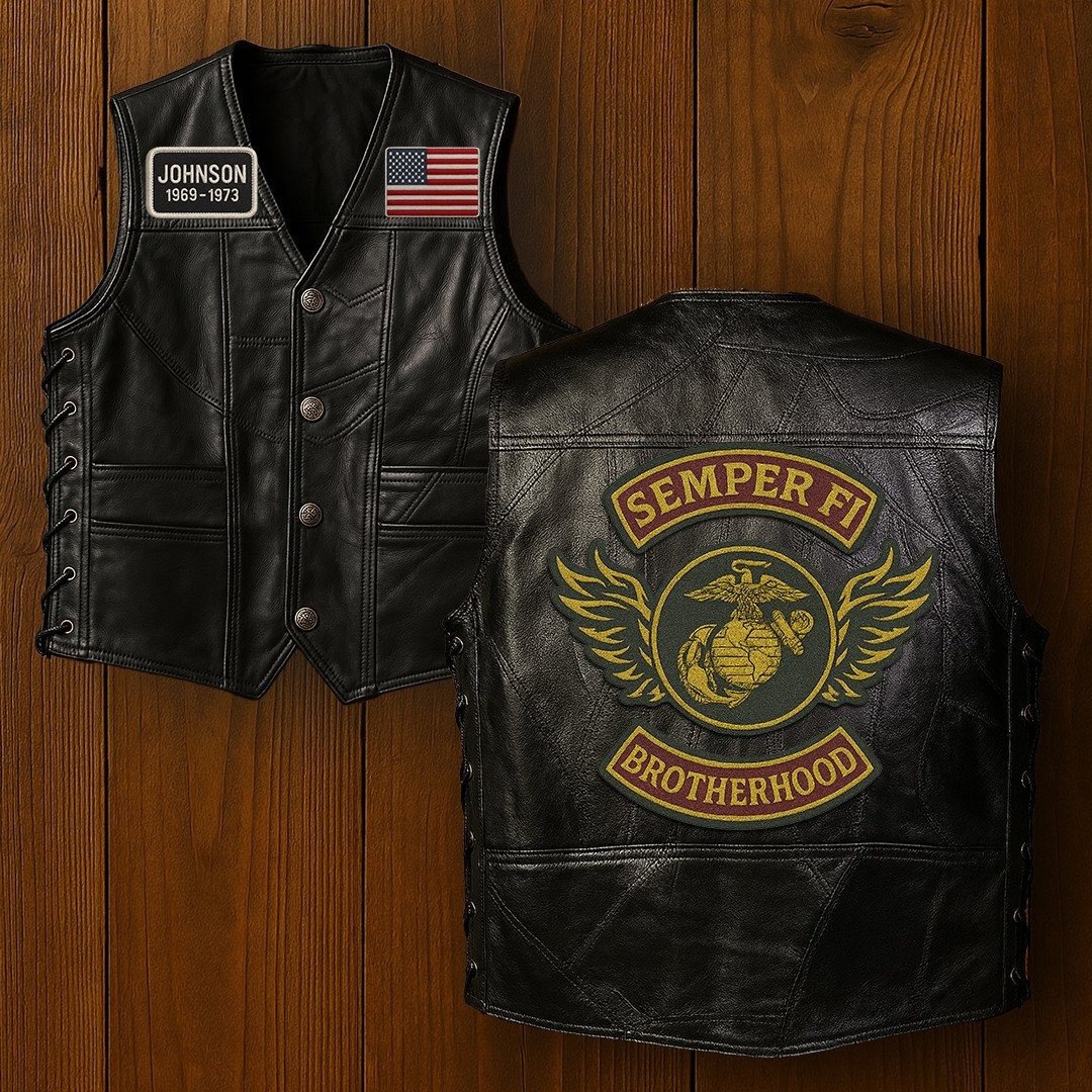 Premium USMC Veterans Custom Leather Motor Vest VPVC702108, Gifts For Marine Veteran, Gifts On Father's Day, Veterans Day.