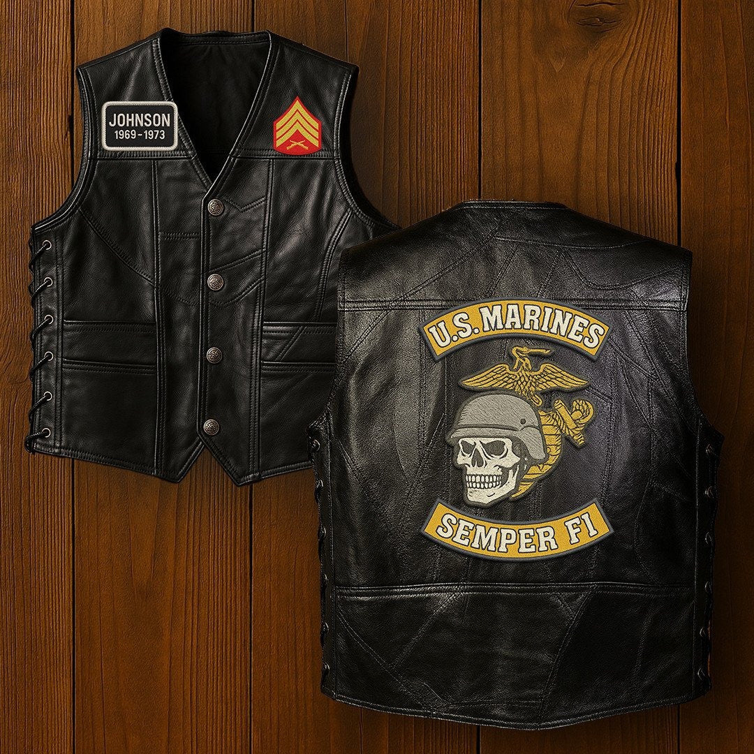 Premium USMC Veterans Custom Leather Motor Vest VPVC702130, Gifts For Marine Veteran, Gifts On Father's Day, Veterans Day.