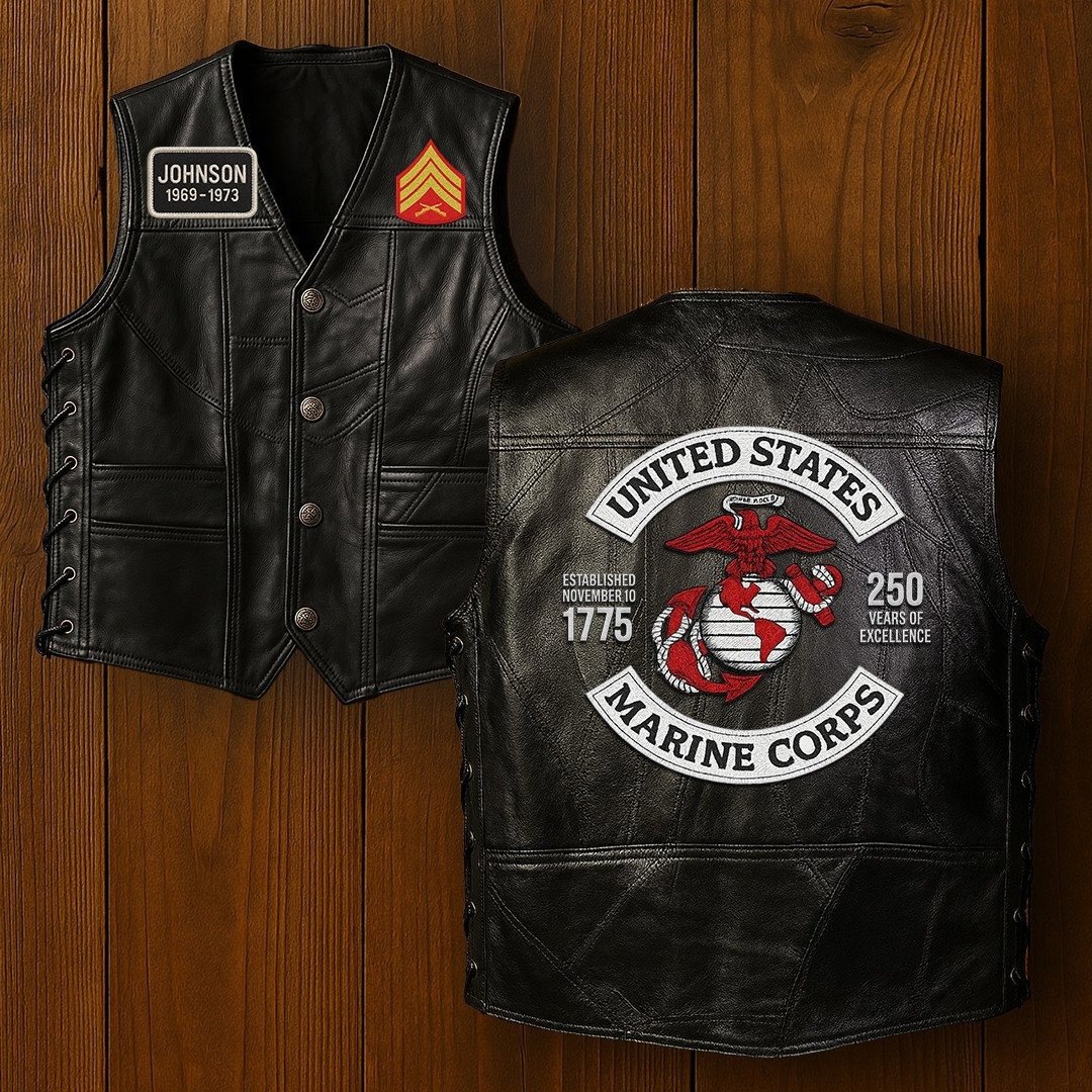 Premium USMC Veterans Custom Leather Motor Vest VPVC702135, Gifts For Marine Veteran, Gifts On Father's Day, Veterans Day.